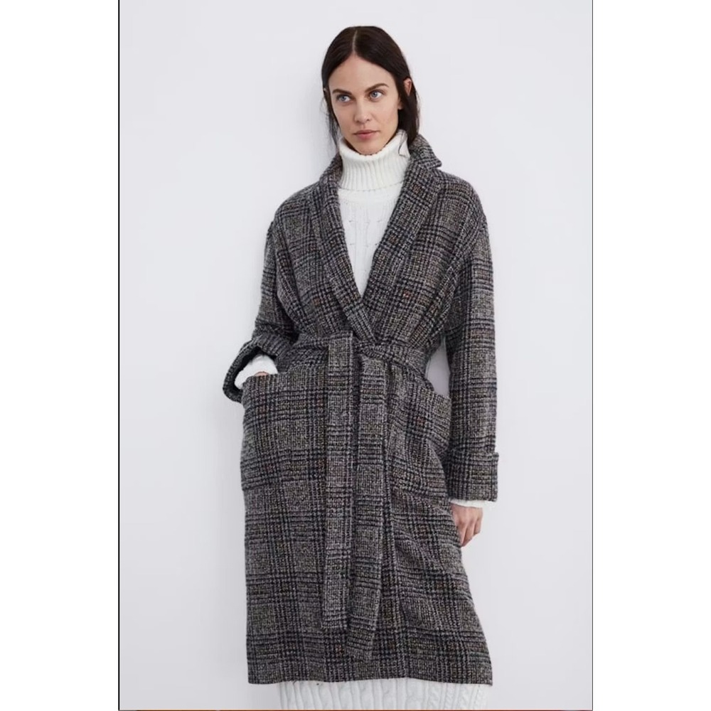Zara Mink‎ Belted Plaid Coat Size S Brown Wool Alpaca Mohair Pockets Trench Long